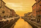 Naviglio Grande cafés at sunset, Milan