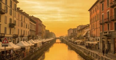 Naviglio Grande cafés at sunset, Milan